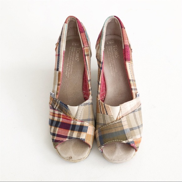 Toms Canvas Plaid Peep Toe Espadrille Wedge - Picture 2 of 8